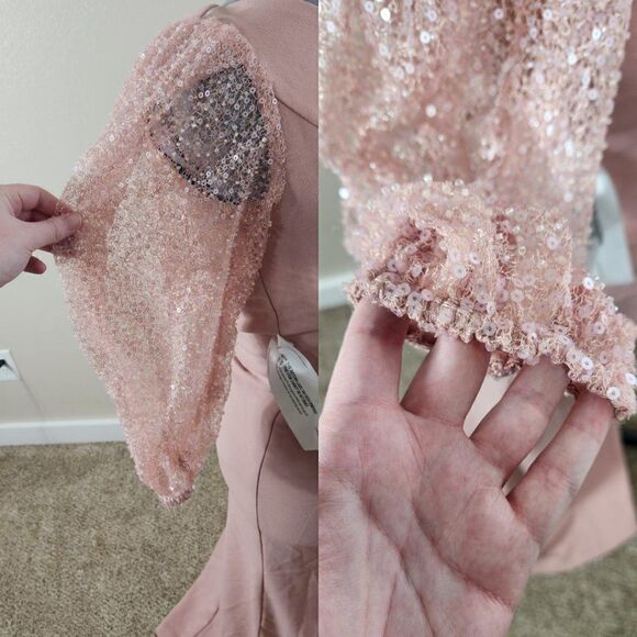 JS COLLECTIONS Beaded Illusion Sleeve Trumpet Gown In Blush NWT Size 4 - Picture 10 of 16